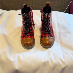 Kids Red Plaid Lace-Up Boots with Brown Toe